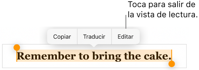 Hay seleccionada una oración y encima de ella aparece un menú contextual con botones Copiar y Editar.