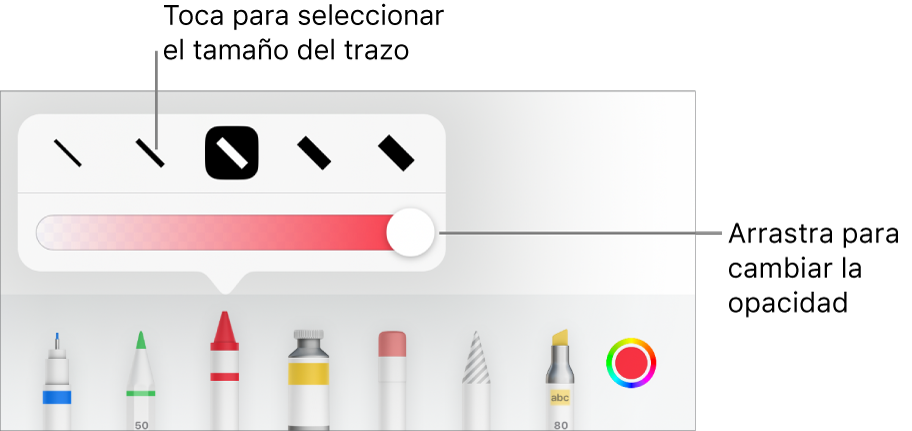 Controles para seleccionar un tamaño de trazo y un regulador para ajustar la opacidad.