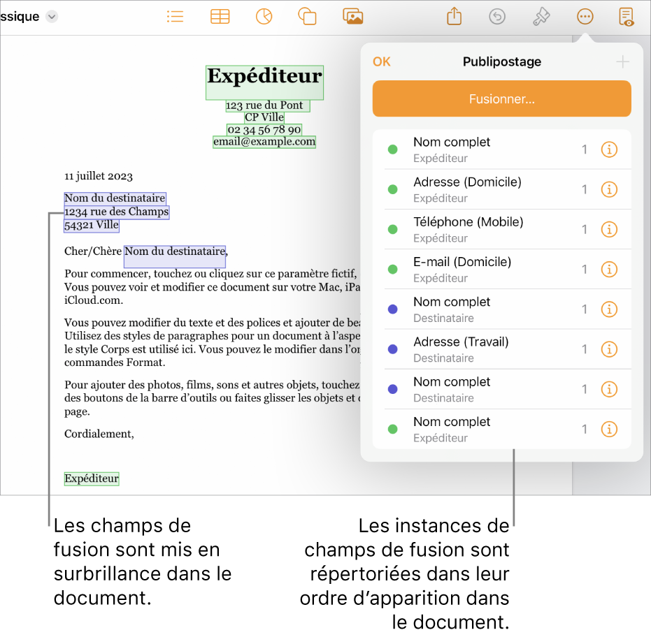 Document Pages avec des champs de fusion de destinataire et d’expéditeur, ainsi que la liste des instances de champs de fusion visible dans la barre latérale Document.
