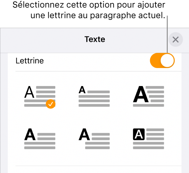 Les commandes Lettrine situées en bas du menu Texte.