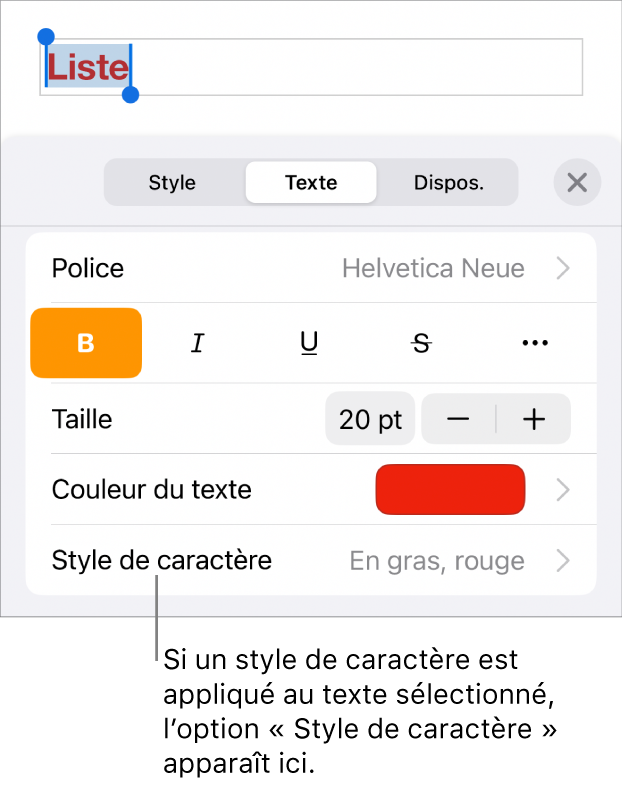 Commandes de mise en forme de texte avec Style de caractère au-dessous des commandes de couleur. Le style de caractère Aucun s’affiche avec un astérisque.