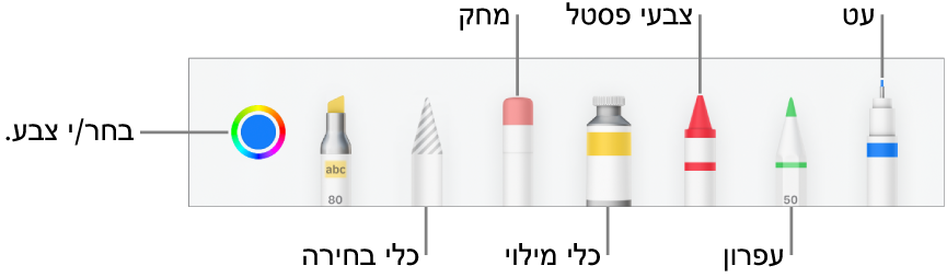 סרגל הכלים של ציור ב-Pages ל-iPhone עם עט, עיפרון, צבעי פנדה, כלי מילוי, מחק, כלי בחירה ומאגר צבעים המציג את הצבע הנוכחי.