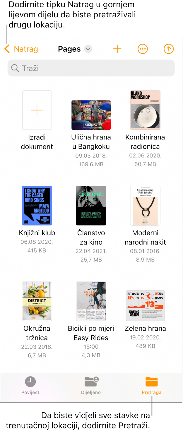 Prikaz pretraživanja upravljanja dokumentima s tipkom Natrag u gornjem lijevom kutu, a ispod njega nalazi se polje za pretraživanje. Ispod polja za pretraživanje nalazi se tipka Izradi dokument pokraj minijatura postojećih dokumenata. U gornjem desnom kutu nalazi se tipka Dodaj dokument i tipka Više. Na dnu zaslona nalaze se tipke Nedavne stavke, Podijeljeno i Pretraži.