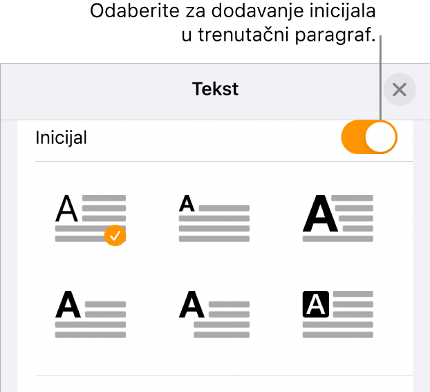 Kontrole opcija Inicijal koje se nalaze na dnu izbornika Tekst.