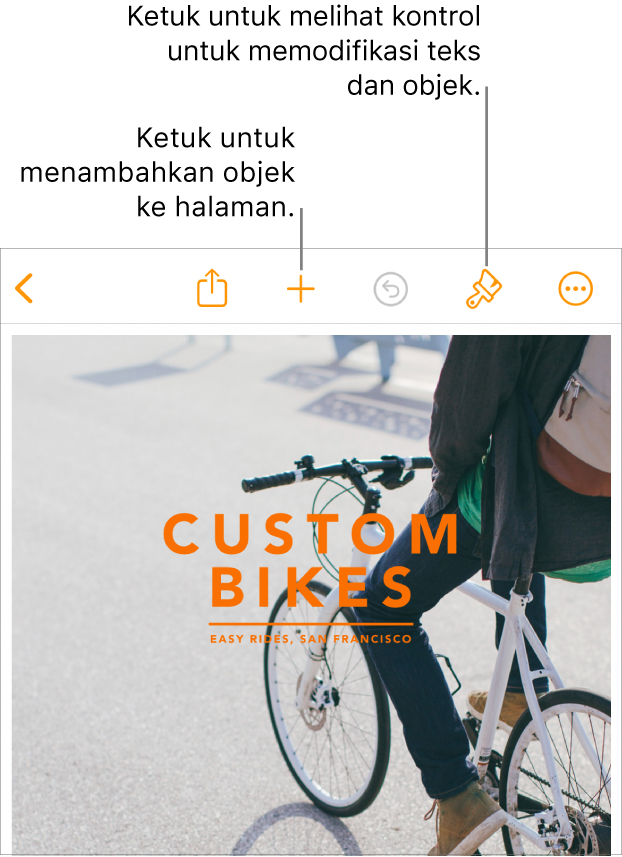 Dokumen Pages dengan tombol di bar alat untuk membuka kontrol Format dan menambahkan objek.