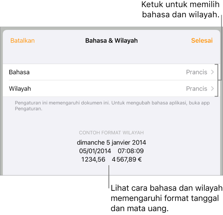 Panel Bahasa dan Wilayah dengan kontrol untuk bahasa dan wilayah, serta contoh format termasuk tanggal, waktu, desimal, dan mata uang.