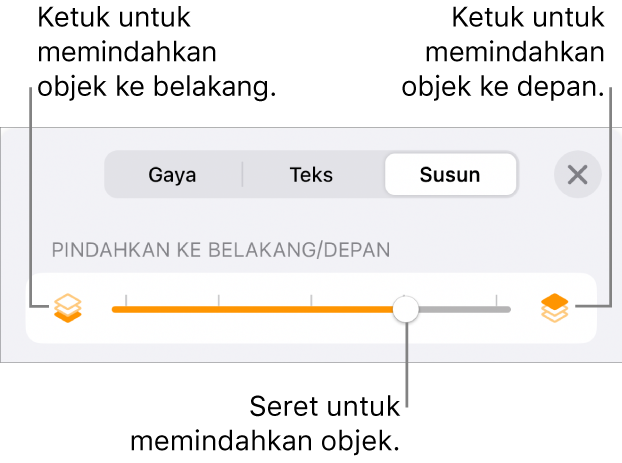 Tombol Pindahkan ke Belakang, tombol Pindahkan ke Depan, dan penggeser lapisan.