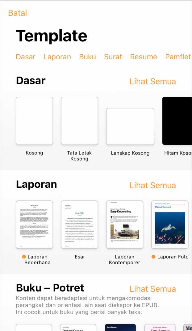 Pemilih template, menampilkan baris kategori di sepanjang bagian atas yang dapat Anda ketuk untuk memfilter pilihan. Di bawah terdapat gambar mini template yang didesain sebelumnya yang diatur dalam baris menurut kategori, dimulai dengan Baru di bagian atas dan diikuti dengan Terbaru dan Dasar. Tombol Lihat Semua muncul di atas dan di sebelah kanan setiap baris kategori. Tombol Bahasa dan Wilayah berada di pojok kanan atas.