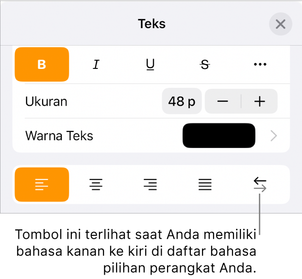 Kontrol teks di menu Format dengan keterangan yang menunjuk ke tombol Kanan ke Kiri.