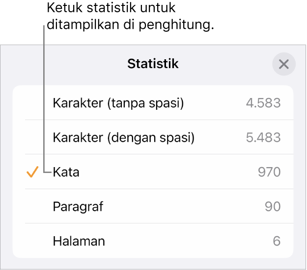 Menu Statistik yang menampilkan pilihan untuk menampilkan jumlah karakter tanpa dan dengan spasi, jumlah paragraf, dan jumlah halaman.