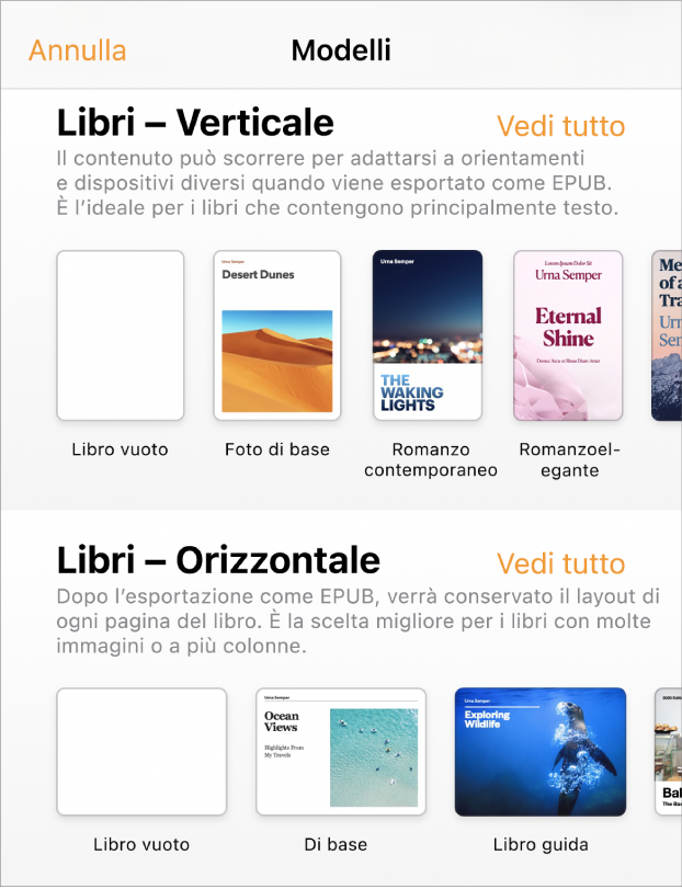 “Scelta modelli” con modelli per libri con orientamento verticale nella parte superiore e con orientamento orizzontale nella parte inferiore.