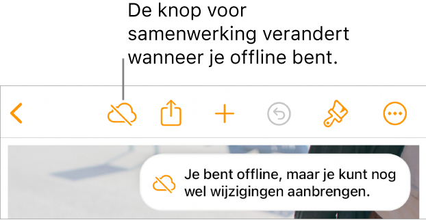 De knoppen boven in het scherm, met de knop voor samenwerking die is veranderd in een wolk met een schuine streep. De volgende melding staat op het scherm: 'Je bent offline, maar je kunt nog wel wijzigingen aanbrengen.'