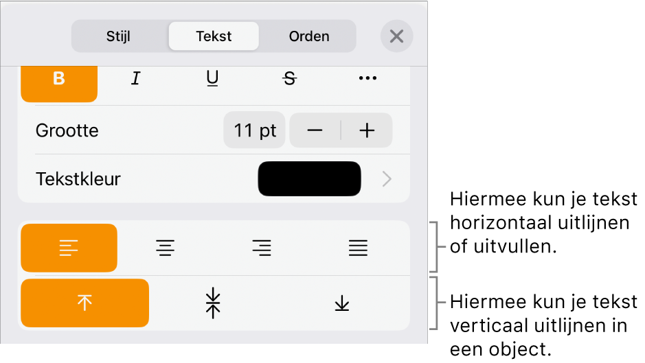 Het paneel 'Lay-out' met uitleg bij tekstuitlijn- en afstandsknoppen.