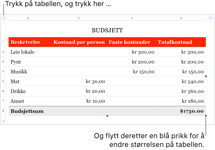 En markert tabell med blå prikker for å endre størrelsen.