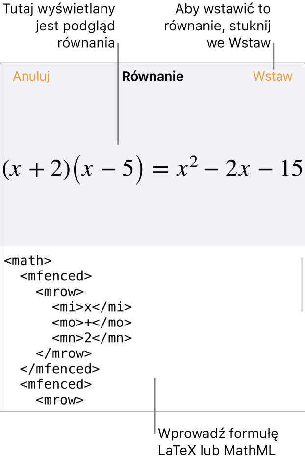 Pole dialogowe Równanie, zawierające równanie zapisane przy użyciu języka MathML. Powyżej widoczny jest podgląd tego równania.