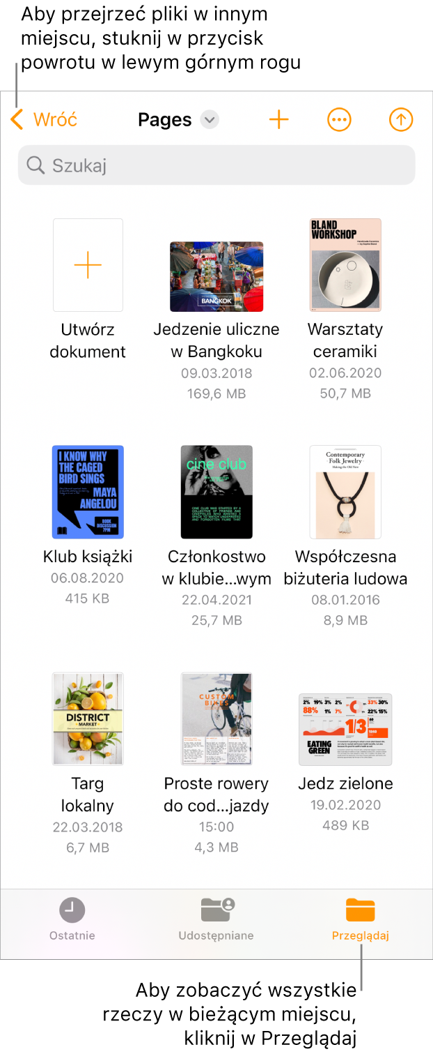 Widok przeglądarki menedżera dokumentów z przyciskiem powrotu w lewym górnym rogu oraz polem wyszukiwania poniżej. Pod polem wyszukiwania znajduje się przycisk tworzenia dokumentu oraz miniaturki istniejących dokumentów. W prawym górnym rogu widoczny jest przycisk Dodaj dokument oraz przycisk Więcej. Na dole ekranu znajdują się przyciski ostatnich rzeczy, udostępnianych rzeczy oraz przeglądania.