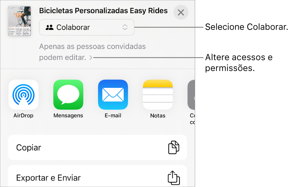 Menu Compartilhar com Colaborar selecionado na parte superior e os ajustes de acesso e permissão abaixo.