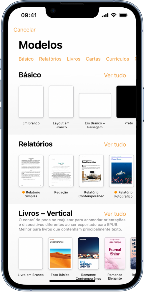 Seletor de modelos, mostrando uma linha de categorias na parte superior na qual você pode tocar para filtrar as opções. Abaixo estão miniaturas de modelos predefinidos organizadas em linhas por categoria, começando com Novo na parte superior e seguidas por Recentes e Básico. O botão Ver Tudo aparece acima e à direita de cada linha de categoria.