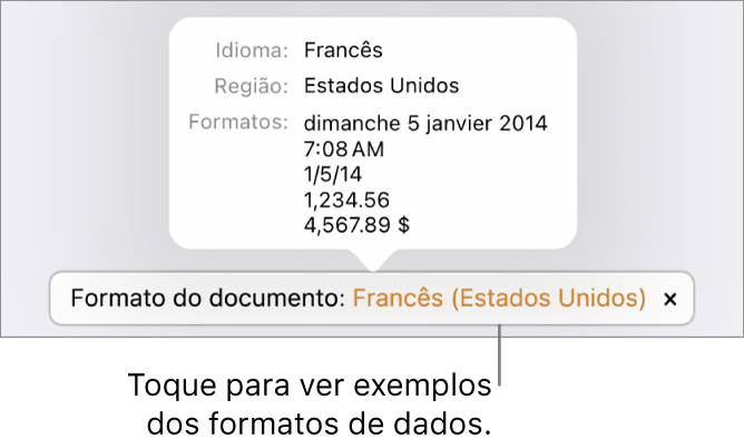 A notificação da definição diferente do idioma e região, apresentando exemplos da formatação nesse idioma e região.