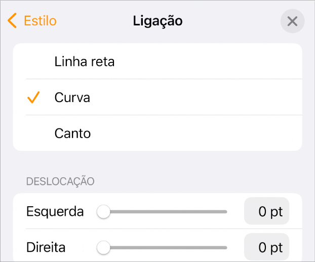 Os controlos de Ligação com Curva selecionada.