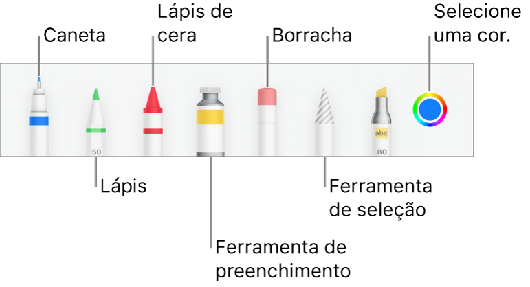 As barra de ferramentas de desenho no Pages no iPhone com uma caneta, lápis, lápis de cera, ferramenta de preenchimento, borracha, ferramenta de seleção e o seletor de cores a apresentar a cor atual.