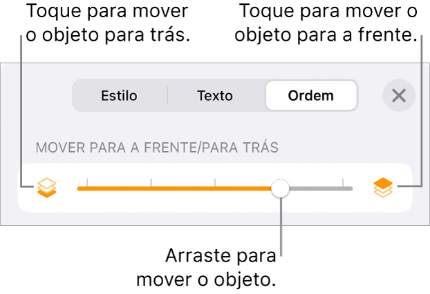 O botão Mover para trás, o botão Mover para a frente e o nivelador da camada.