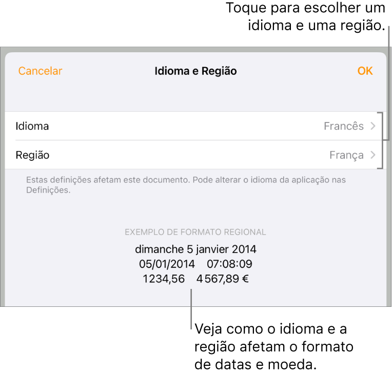 O painel “Idioma e região” com controlos de idioma e região e um exemplo da formatação, incluindo data, hora, decimal e moeda.