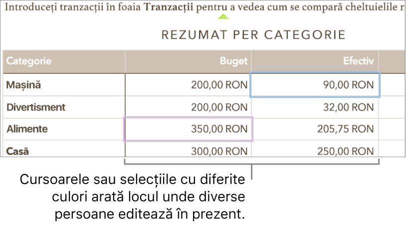 Cursoarele și selecțiile cu diferite culori arată locul unde diverse persoane editează în prezent.