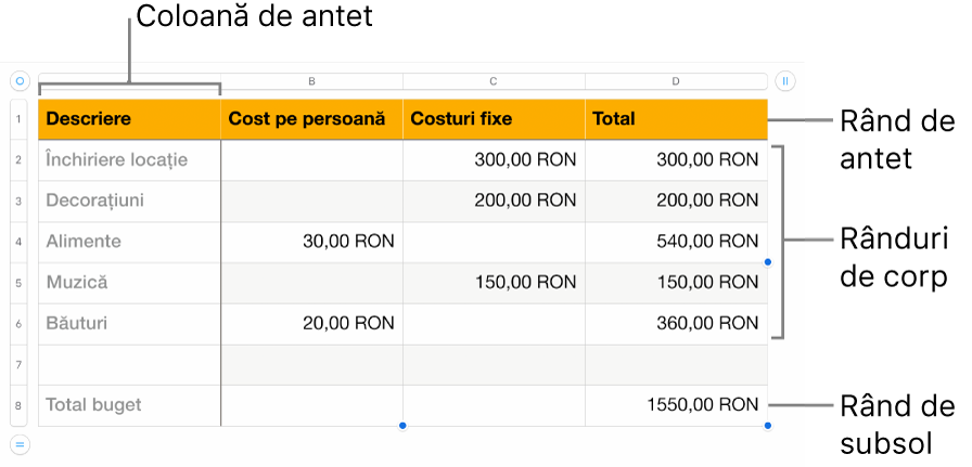 Un tabel afișând rândurile și coloanele de antet, corp și subsol.