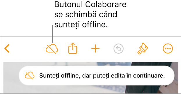 Butoanele din partea de sus a ecranului, cu butonul Colaborare transformat într-un nor traversat de o linie diagonală. Pe ecran apare o alertă „Sunteți offline, dar puteți edita în continuare”.