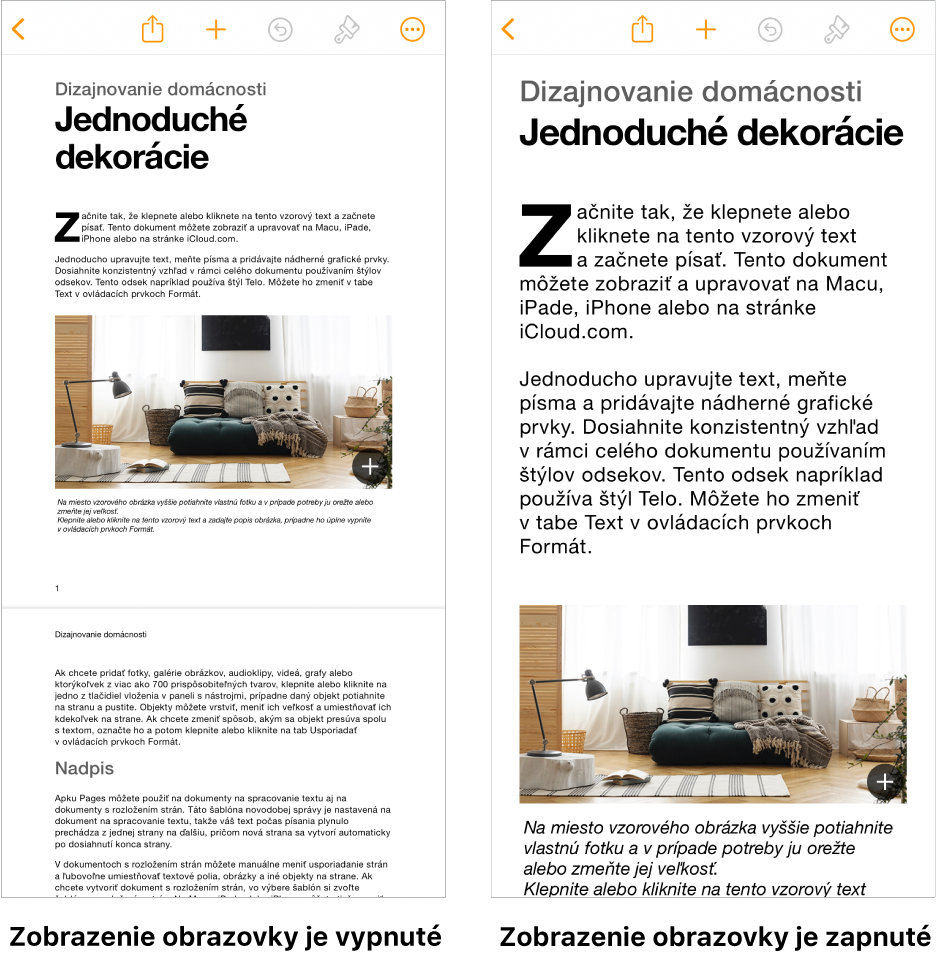 Dve zobrazenia toho istého dokumentu Pages, jedno so zapnutým a druhé s vypnutým Zobrazením obrazovky.
