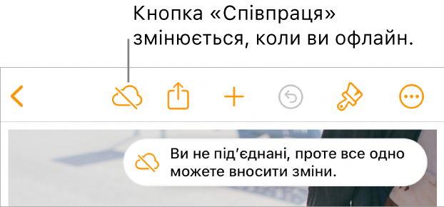 Кнопки вгорі екрана з кнопкою «Співпраця», заміненою на значок хмарки з діагональною лінією. Попередження на екрані «Ви офлайн, утім ви досі можете редагувати».