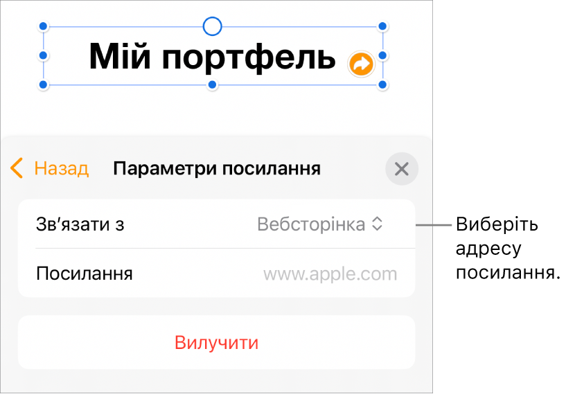 Елементи керування параметрами посилань із вибраною вебсторінкою та кнопкою «Вилучити» внизу.