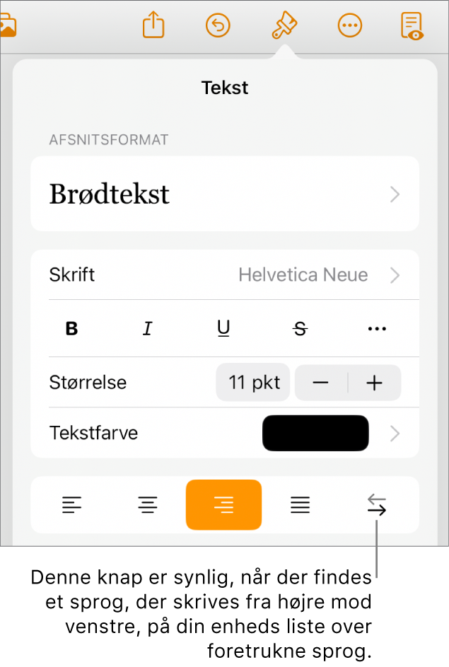 Betjeningsmuligheder til tekst på Formatmenuen med billedforklaring til knappen Højre mod venstre.