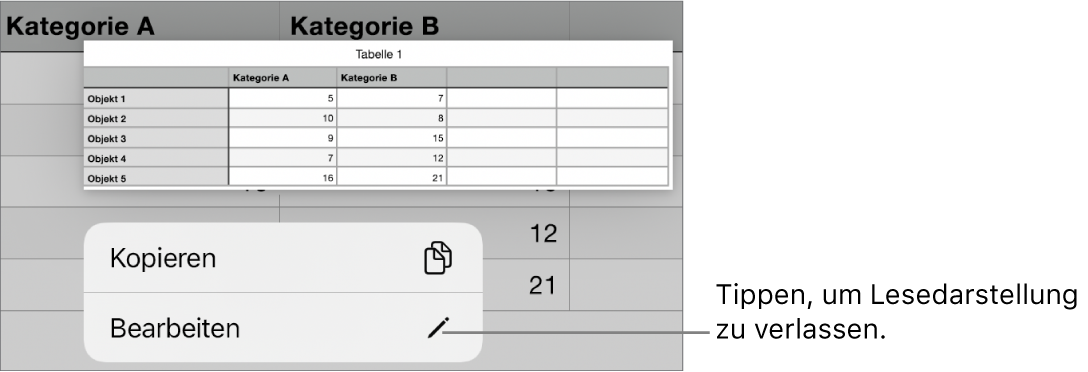 Eine Tabellenzelle ist ausgewählt und darüber befindet sich ein Menü mit den Optionen „Kopieren“ und „Bearbeiten“.