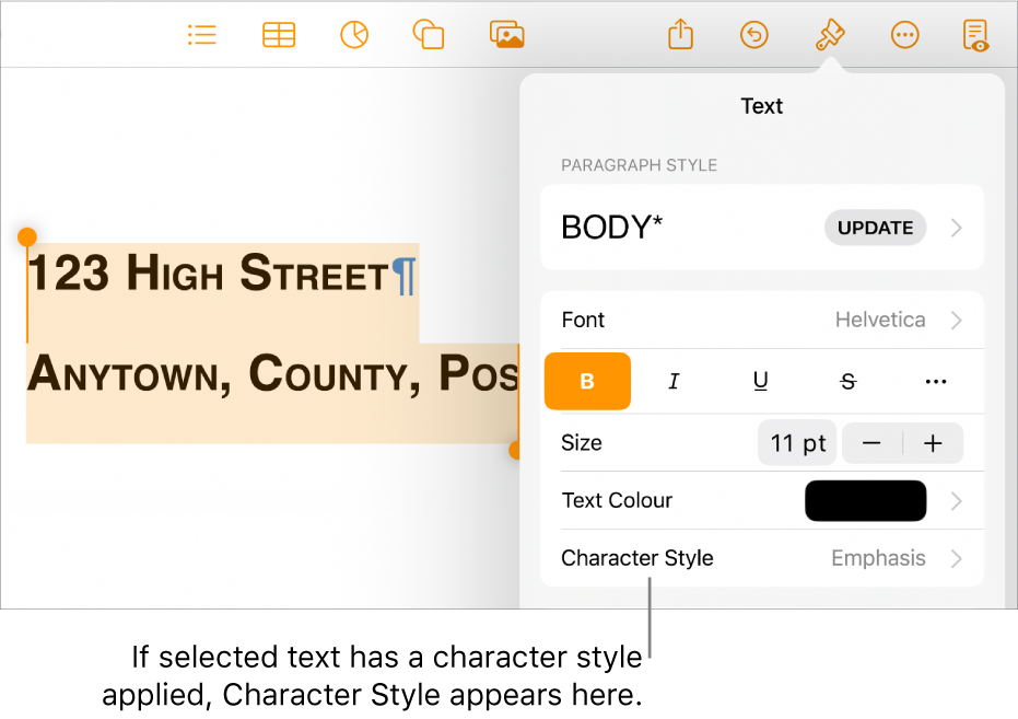 The Text formatting controls with Character Style below the Text Colour controls.