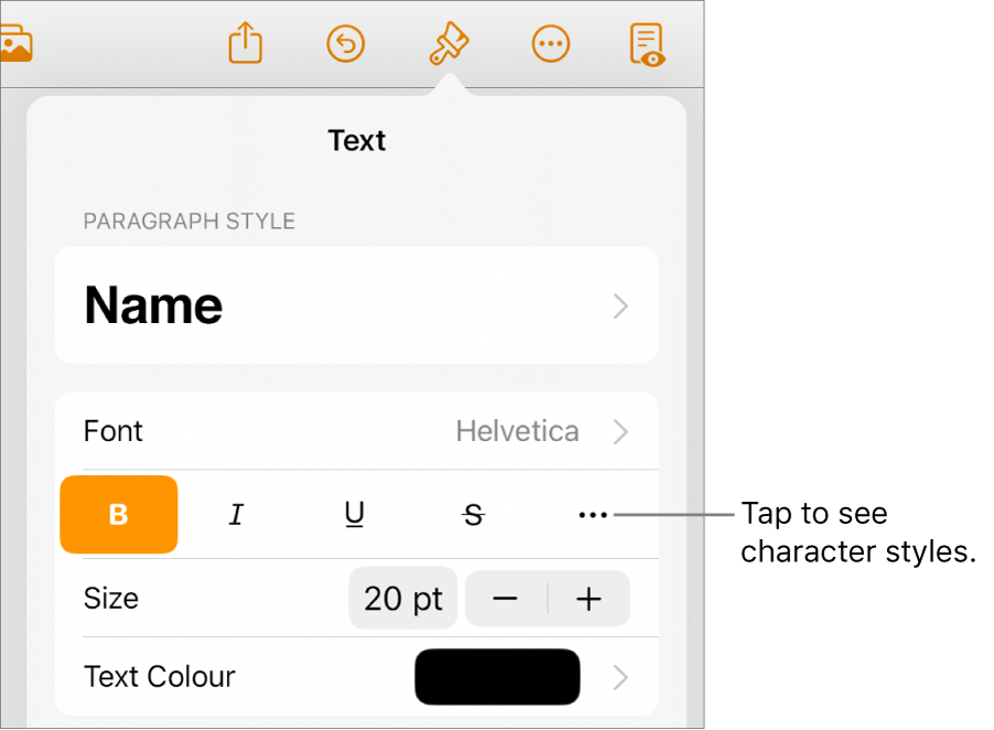 The Format controls with paragraph styles at the top, then Font controls. Below Font are the Bold, Italic, Underline, Strikethrough and More Text Options buttons.