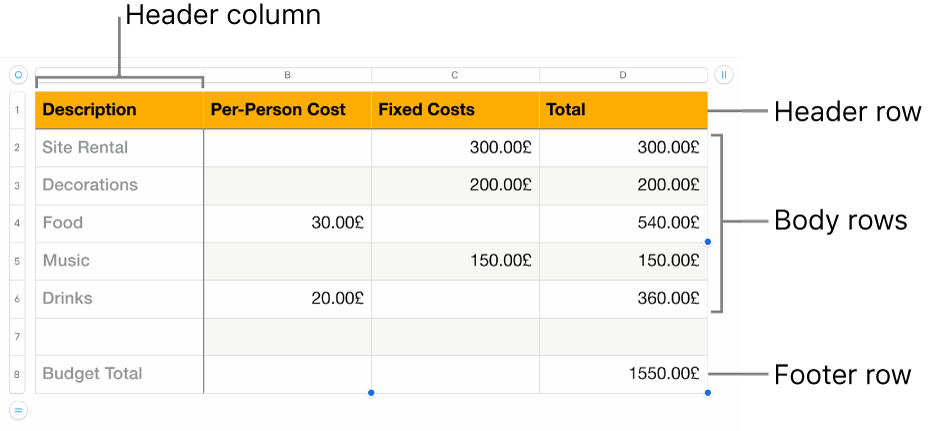 A table showing header, body and footer rows and columns.