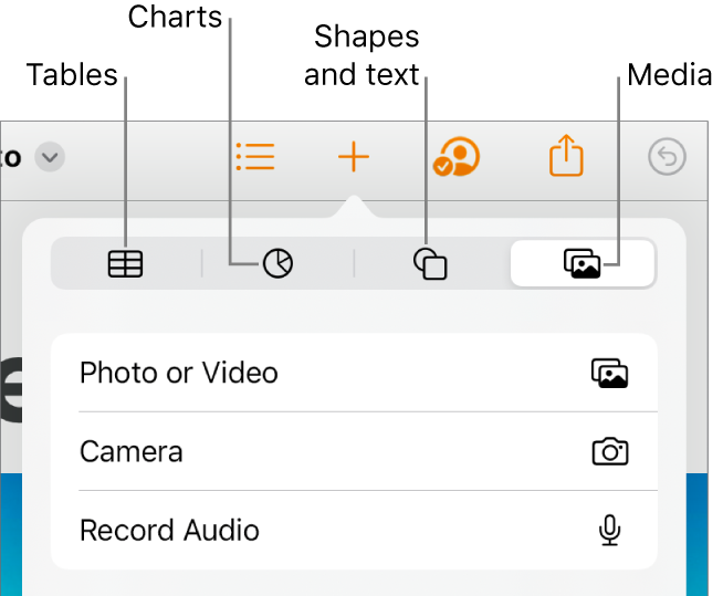 The Insert controls open with buttons for adding tables, charts, text, shapes and media at the top.