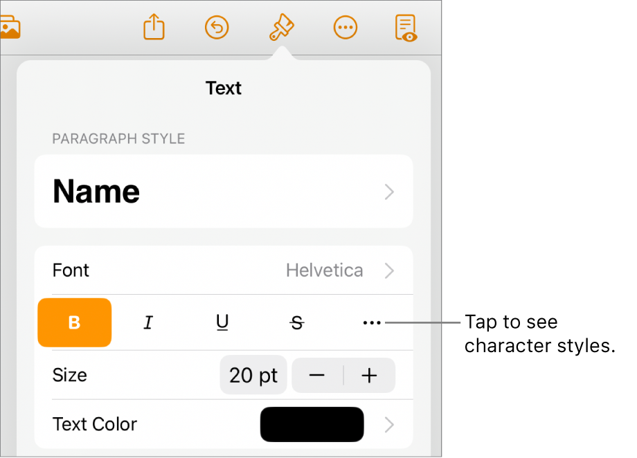 The Format controls with paragraph styles at the top, then Font controls. Below Font are the Bold, Italic, Underline, Strikethrough, and More Text Options buttons.