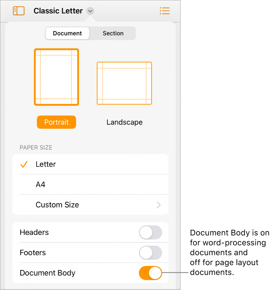 The Document format controls with Document Body turned on near the bottom of the screen.