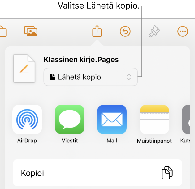 Jaa-valikko, jossa on ylhäällä valittuna Lähetä kopio.