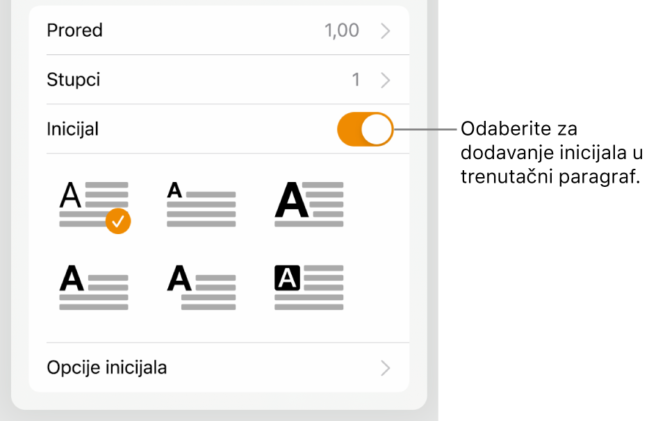 Kontrole opcija Inicijal koje se nalaze na dnu izbornika Tekst.