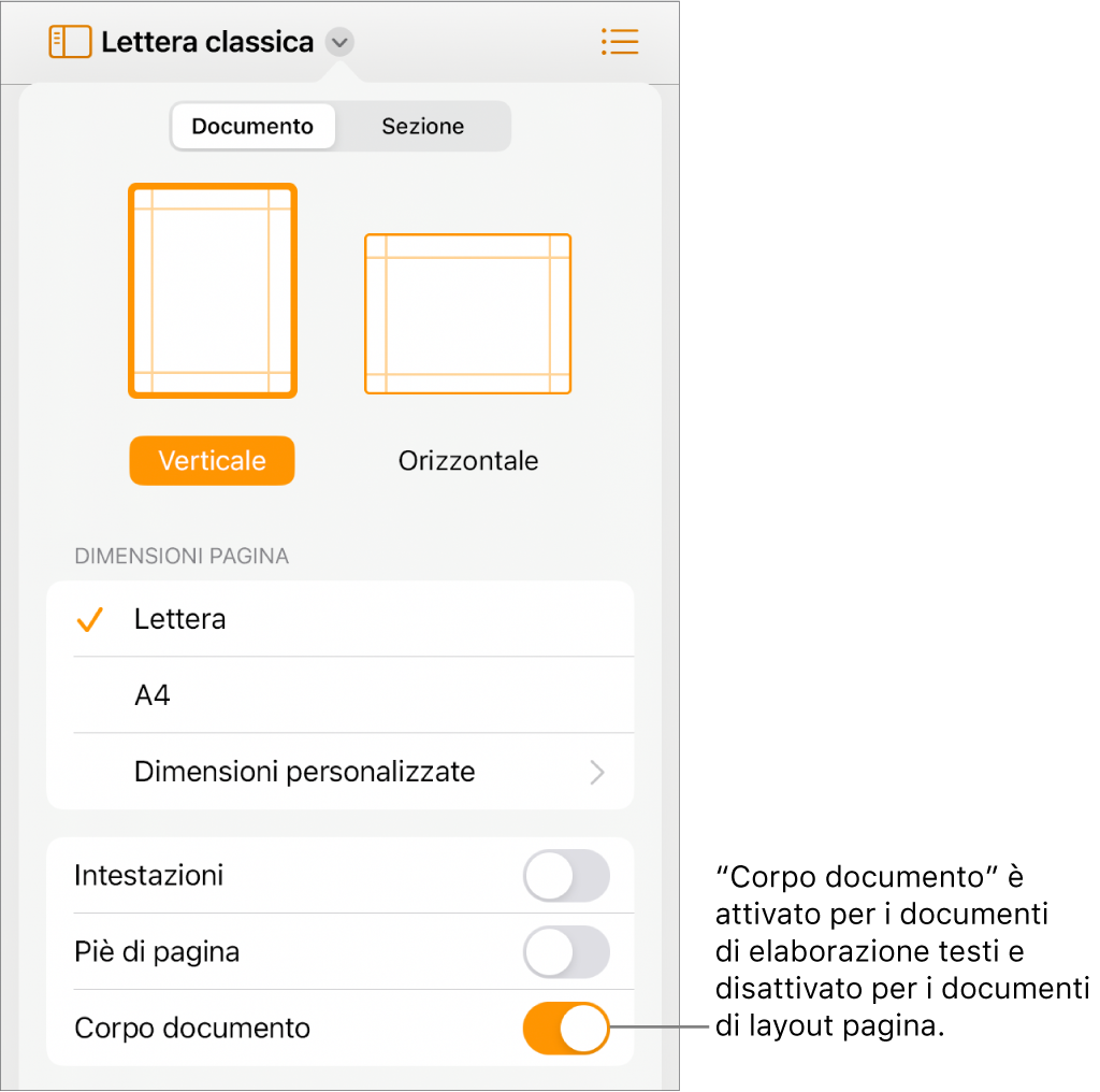 I controlli di formattazione Documento con “Corpo documento” attivato nella parte inferiore dello schermo.