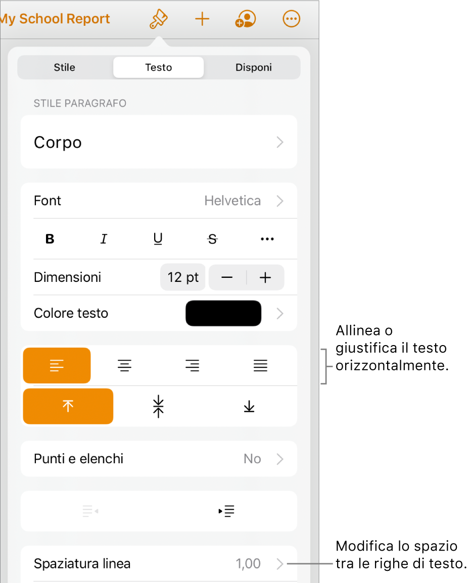 Il pulsante dei controlli di Formattazione con il pannello Testo selezionato e didascalie dei pulsanti di allineamento testo e dell’elemento del menu “Spaziatura linea”.