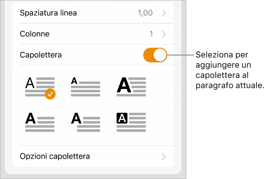 I controlli Capolettera situati nella parte inferiore del menu Testo.