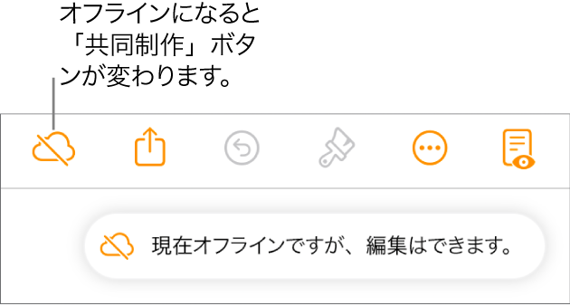 画面上の通知に「オフラインですが、引き続き編集できます」と示されています。