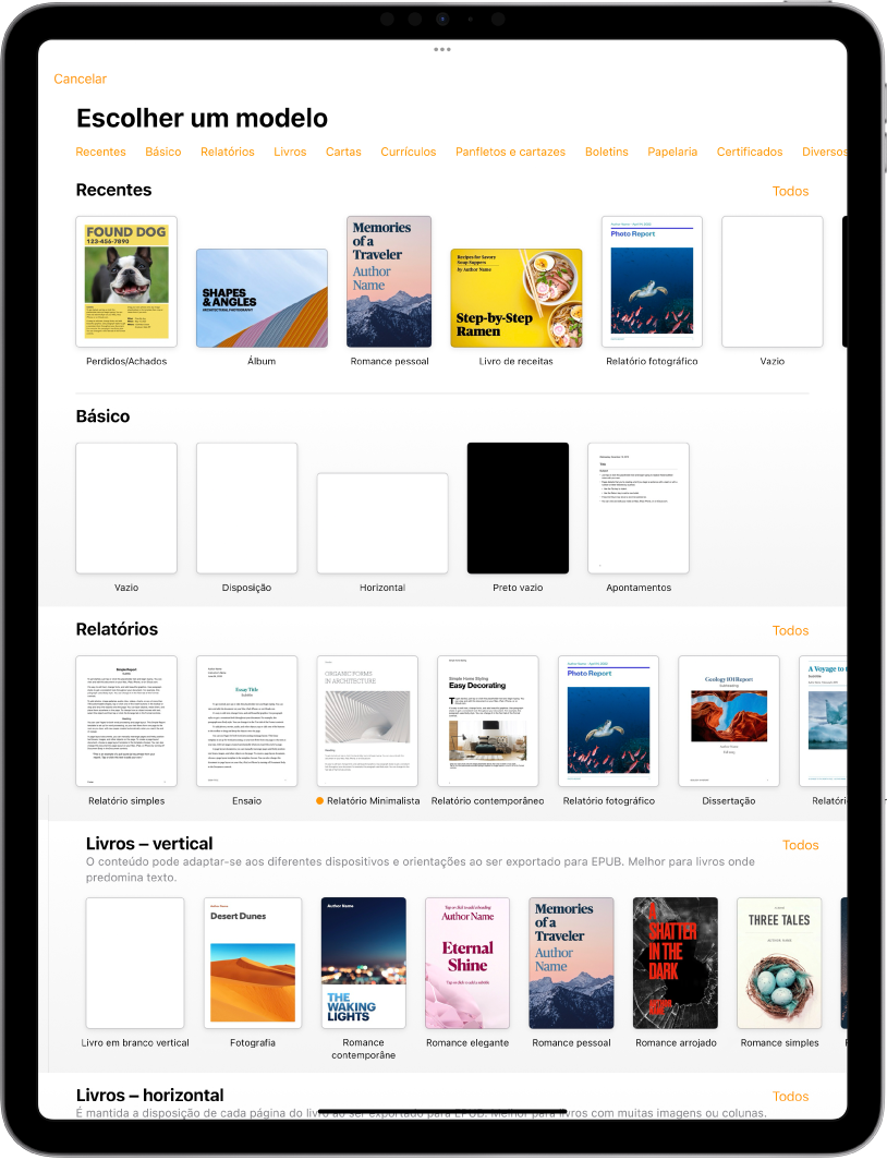 A lista de modelos com uma linha de categorias visível na parte superior, na qual é possível tocar para filtrar as opções. Por baixo estão visíveis miniaturas de modelos preconcebidos organizados em linhas por categoria, que começam por Recentes na parte superior e Básico e Relatórios posteriormente. Surge um botão Ver tudo por cima e à direita de cada linha da categoria.