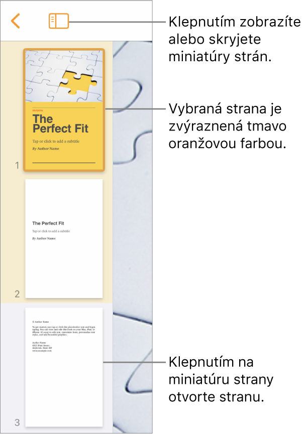 Zobrazenie Miniatúry strán na ľavej strane obrazovky so sekciou dvoch strán, oddeľovacou čiarou a následne jednou stranou ďalšej sekcie. Tlačidlo Zobraziť je nad miniatúrami.