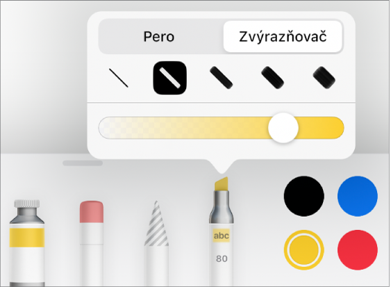 Menu nástroja Dynamické anotácie s tlačidlami pera a zvýrazňovača, možnosťami pre šírku čiary a posuvníkom nepriehľadnosti.